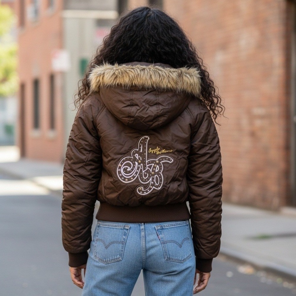 VTG Apple Bottoms Puffer Jacket Black Fur Hood Zip‎ Up Bomber Rhinestone Size L